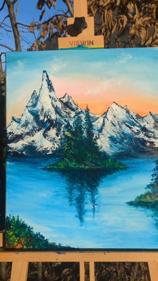 'Sunset over a Snowy Mountain' acrylic painitng